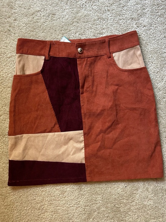 None Dresses & Skirts - Patchwork Corduroy Mini Skirt in Rust, Burgundy & Beige